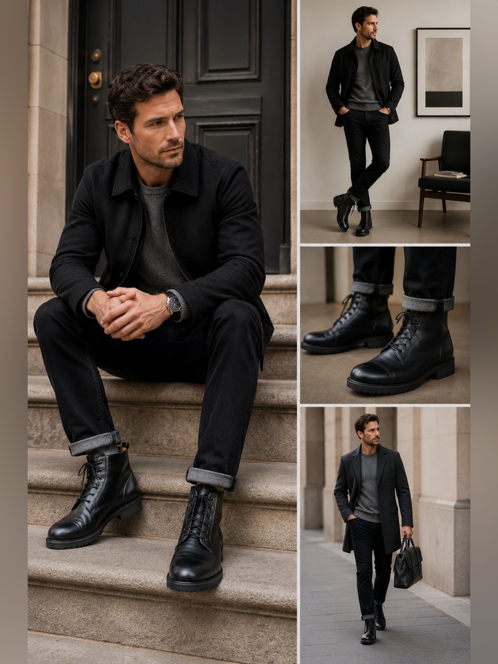 Cole Haan Country Men’s 8.5M Black Leather Combat Boots Lace Up Lug Sole‎